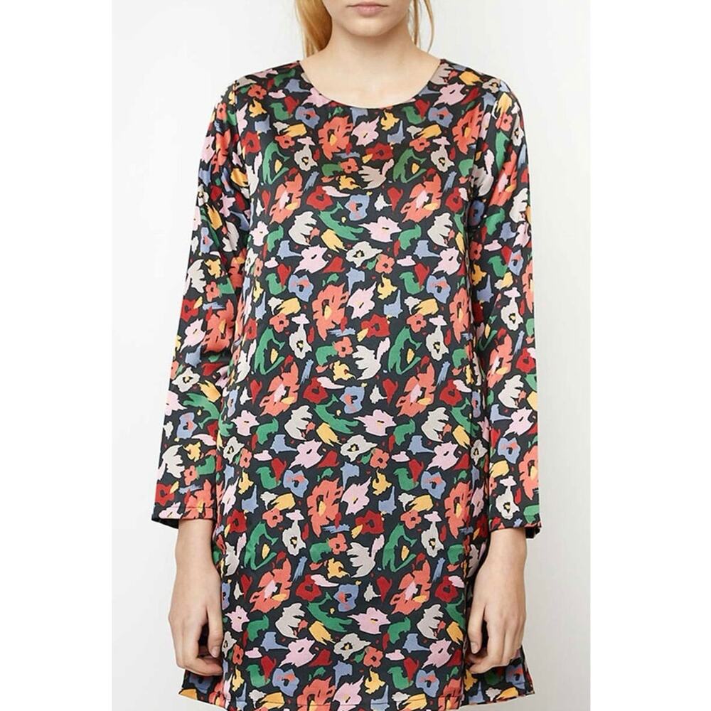 COMPANIA FANTASTICA Women's XL Satin Multicolor Floral Shift Dress Ruffle Hem